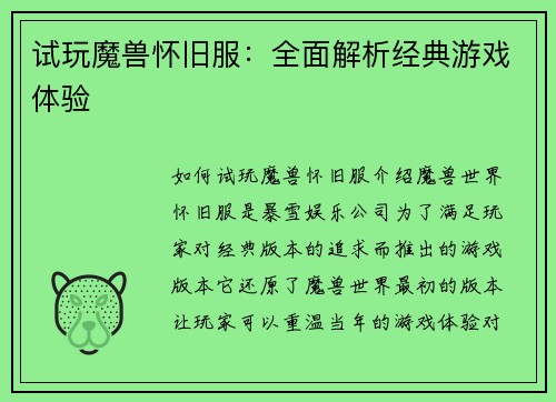 试玩魔兽怀旧服：全面解析经典游戏体验